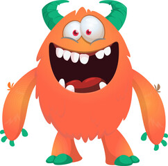 Fototapeta premium Cartoon cute and funny monster creature character design with scary horns and face expression waving hands . Vector illustration. For Halloween party decoration design