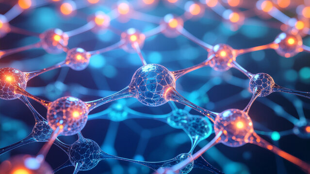 Abstract futuristic cellular network structure with glowing semi transparent liquid nodes