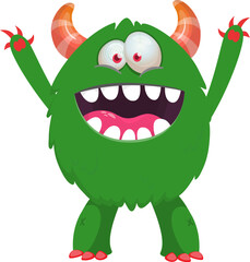 Fototapeta premium Cartoon cute and funny monster creature character design with scary horns and face expression waving hands . Vector illustration. For Halloween party decoration design