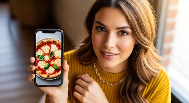 Smiling woman shows pizza photo on phone with restaurant interior, and food concept.