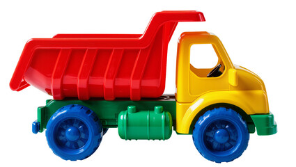 Red and yellow plastic toy dump truck with blue wheels © Maria