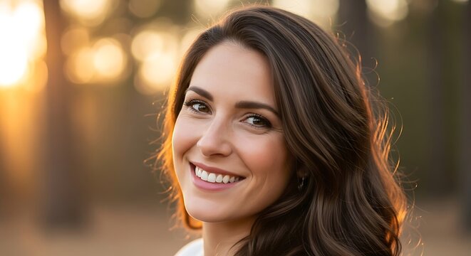 Smiling Woman with Brown Hair Outdoors in Golden Sunset Light Portrait.