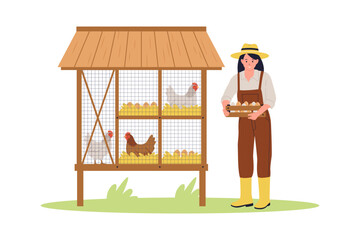Illustration of Farmer Collecting Eggs at Laying Hen Coop. A female farmer wearing a straw hat holds a wooden crate filled with fresh eggs next to a large wooden chicken coop cage with laying hens ins © Hengki