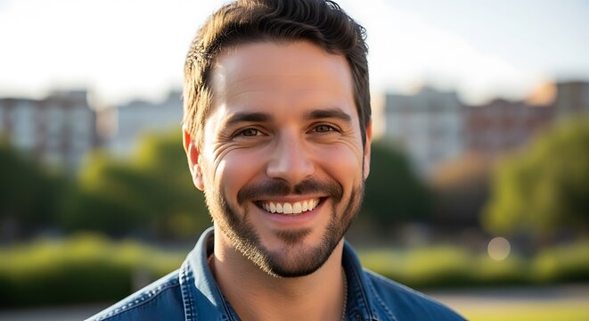 Smiling Man Portrait with Bokeh Background with Confident Happy Male, and Outdoors.