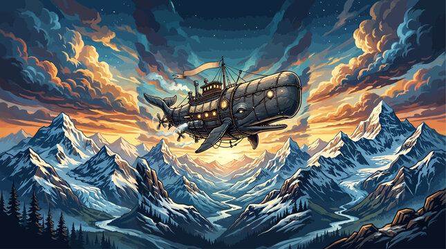 A majestic fantastical whale airship gracefully navigating through a breathtaking, dramatic mountain range under a vibrant, cloud-strewn sky at dawn, evoking an epic journey