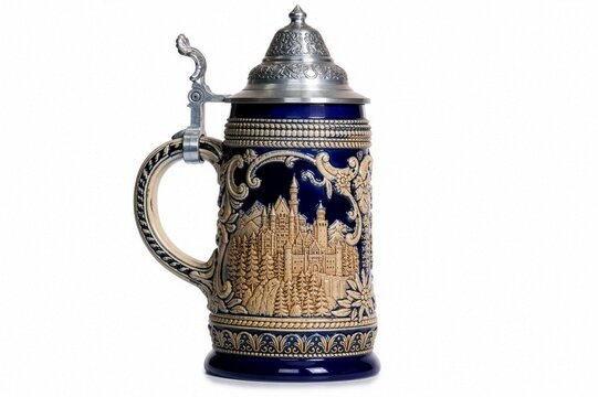 A traditional German beer stein, handcrafted ceramic souvenir, isolated on white background.
