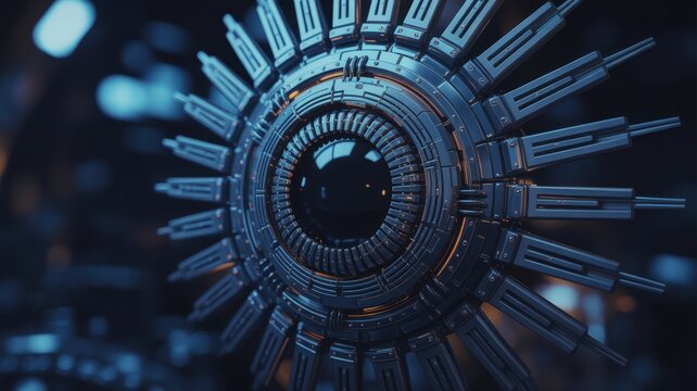 Advanced robotic eye lens with radial mechanical fins and glowing blue accents for sci-fi technology and artificial intelligence concept visual representation