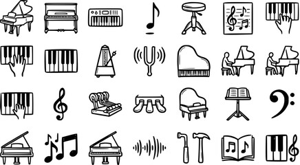 Black and White Line Art Icons of Musical Instruments and Symbols on White Background © victoria