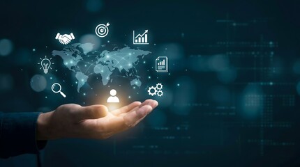 Fototapeta premium Global business strategy icons hover over open hand