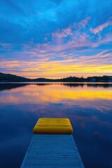 Obraz premium Yellow inflatable mattress on wooden dock at sunset. Serene lake view with orange and blue sky reflection on water. Summer vacation landscape, travel and relaxation concept.