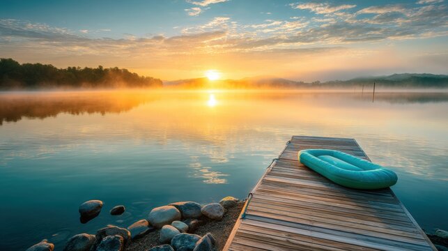 Inflatable raft sitting on a wooden dock at a calm lake during sunrise. Scenic summer landscape with golden morning light and mist over water. Concept of travel, leisure and relaxation.