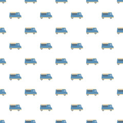 Fototapeta premium Blue food trucks creating a seamless pattern on a white background
