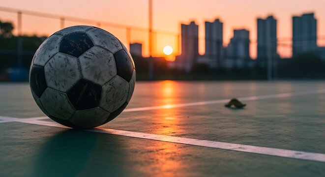 Soccer ball on outdoor court during golden sunset with city skyline background.