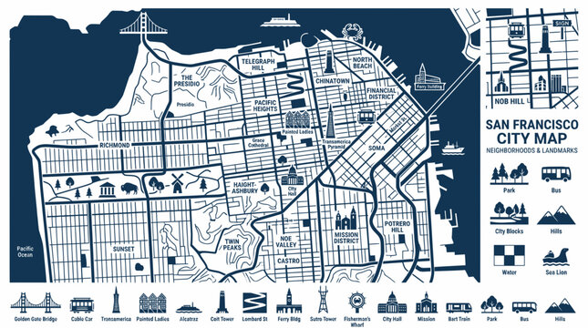 San Francisco City Map Illustration with Neighborhoods and Landmarks