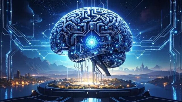 Digital brain concept with circuit board connections and futuristic landscape