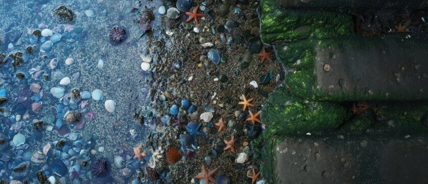 Seashell and starfish on sandy beach near mossy stone steps. Overhead view of marine life on shoreline. Nature travel and ocean vacation concept. Wildlife habitat at coastal tide pool.