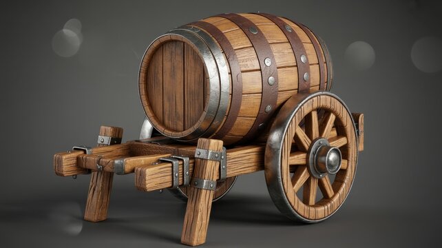 Classic wooden barrel resting on a small rustic cart with spoked wheels and metal accents isolated on a dark gray background, with soft bokeh, highlights and realistic textures