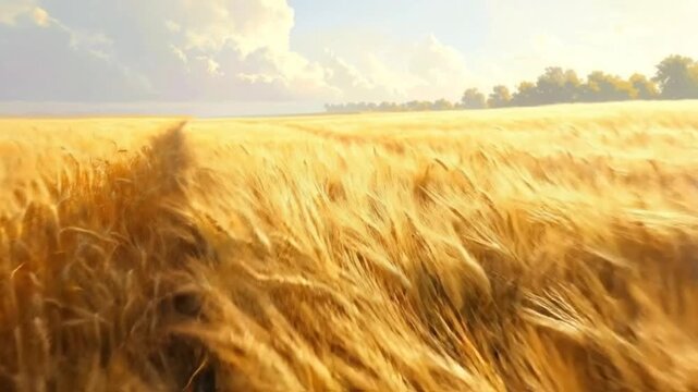 A beautiful field of golden wheat swaying gently in the summer breeze