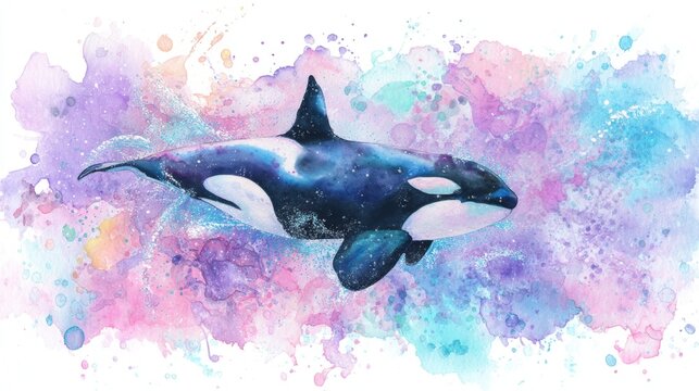 Orca swimming in colorful watercolor splash. Artistic illustration of a killer whale with galaxy effect. Creative painting for decorative design, wildlife and ocean life art.
