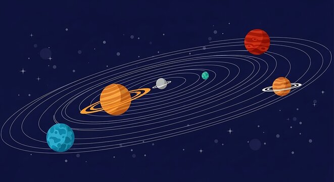 Solar System Planets Cartoon Illustration with Orbiting Stars on Dark Blue Background.