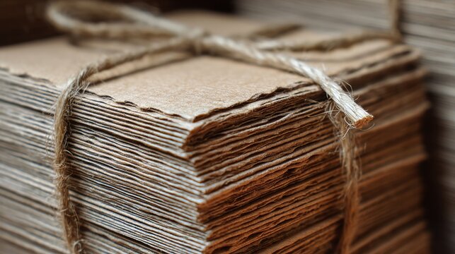 Stack of recycled paper tied with twine. Eco friendly stationery bundle, natural craft material for artisan project and sustainable packaging concept. Handmade rustic stationery supply.