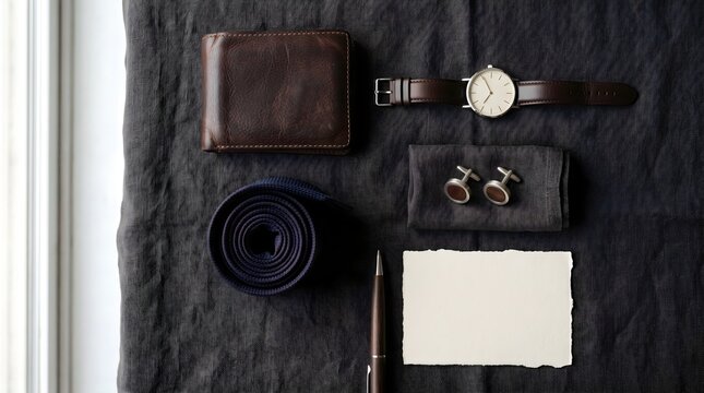 Elegant men's accessories flat lay with leather wallet and wristwatch, sophisticated gentleman essentials on dark linen, stylish grooming set