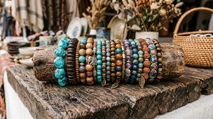 Obraz premium Bohemian beaded bracelets displayed on rustic wood, evoking artisanal craftsmanship and natural style.