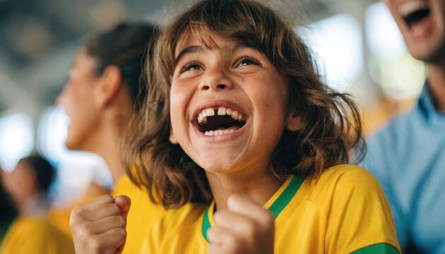 Excited young child cheering in a yellow jersey at a sports stadium