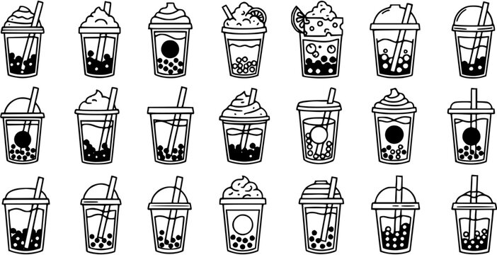 Black and White Line Art Bubble Tea Icons Set for Food  Drink Industry. Simple Outline Glyphs of Various Boba Tea and Tapioca Drinks.