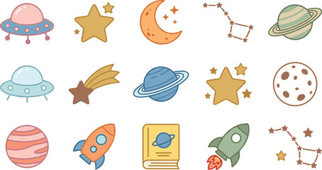 Cute space vector icon set featuring planets rocket ships UFOs stars moon and constellations for kids education and nursery design © MeheDi