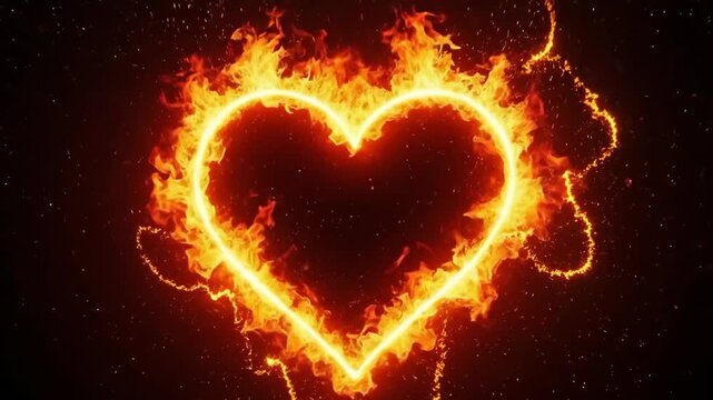A glowing heart shape surrounded by vibrant orange flames on black background