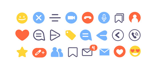 Plakat Social media app icons set. Heart, star, bookmark tag, microphone and video camera signs, like emoji, sending and editing symbols, UI elements. Flat vector illustrations isolated on white background