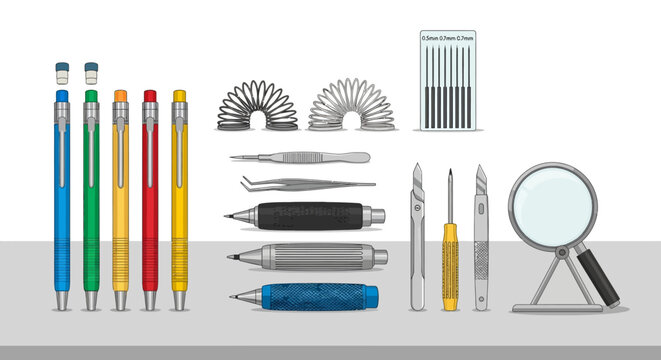 Detailed art supplies on desk with magnifying glass and craft tools in flat design