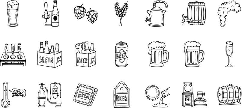 Black and White Line Art Icons of Beer Making and Drinking Elements, Brewery Equipment and Drinks