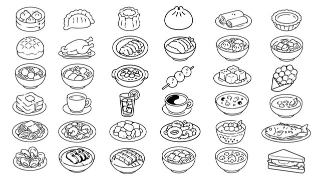 Hong Kong food menu vector set with hand-drawn dim sum, noodles, buns, rice bowls, seafood, tea, desserts, and street food icons for restaurant, cafe, travel, and culinary design.