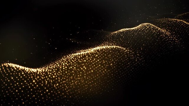 Abstract golden particles wave flowing in dark space glowing futuristic digital background