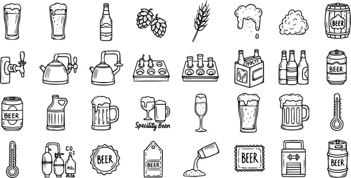 Black and White Hand-drawn Line Art Icons of Beer and Brewing Equipment. Food and Drink Alcoholic Beverage Doodle Set.