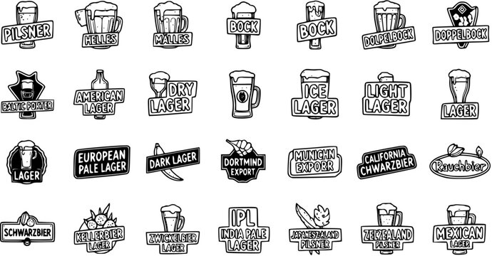 Black and White Line Art Icons of Beer Types and Styles, Vector Stock Icons
