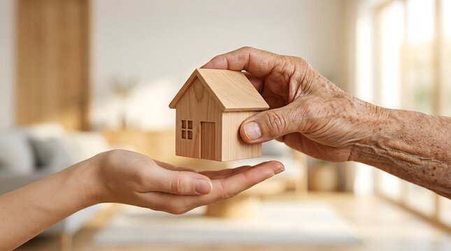 Senior hand passing wooden house model to younger person in bright interior for property inheritance and real estate investment concept
