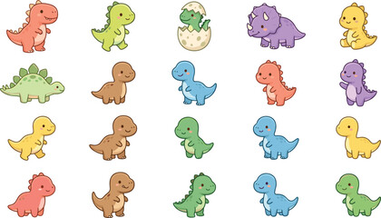 Cute baby dinosaur cartoon character vector icon collection featuring colorful sweet t-rex triceratops stegosaurus and hatching egg elements for kids nursery design © MeheDi