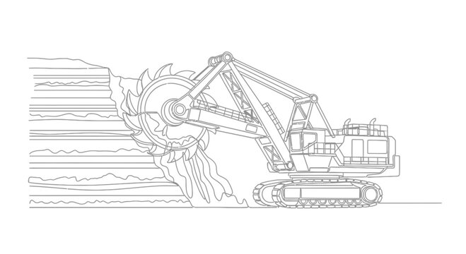 Bucket Wheel Excavator Digging Earth Layers in Open Pit Mine - Line Art