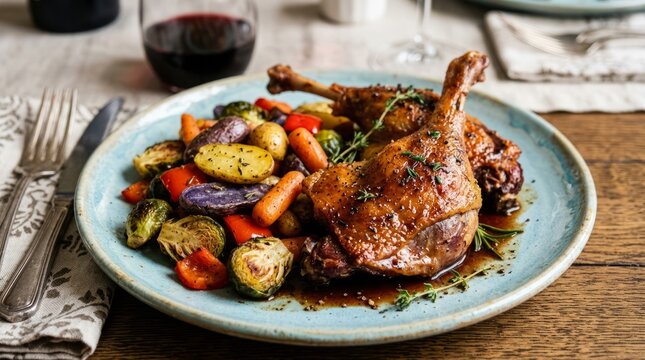 Delicious roasted duck legs served with colorful roasted vegetables and gravy on a rustic plate.