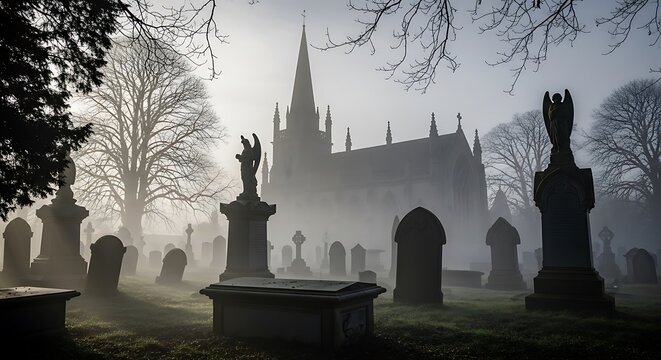 Spooky foggy cemetery with church in the background Halloween with death concept.