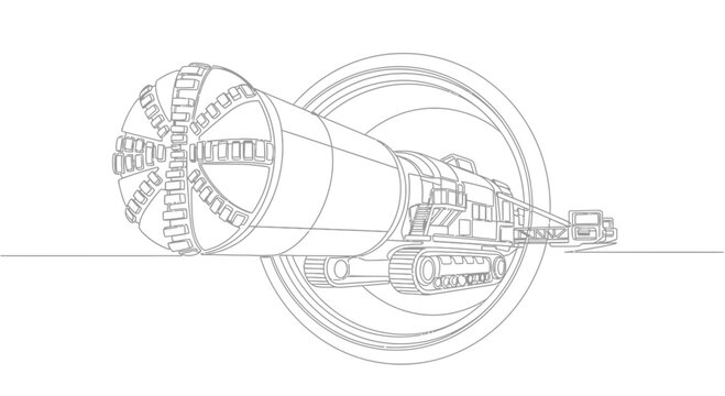 Tunnel Boring Machine Excavating Underground Tunnel Construction Line Art