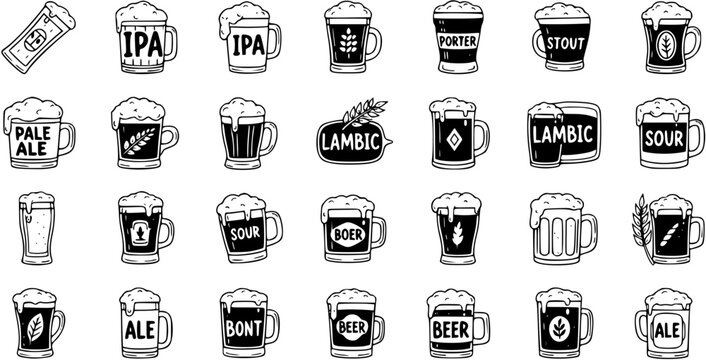 Black and White Line Art Icons of Beer Types and Glasses