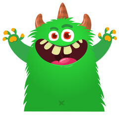Fototapeta premium Cartoon cute and funny monster with scary face expression waving hands . Vector illustration isolated on white. For Halloween party decoration or package design