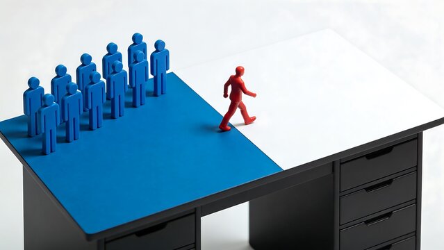 Red Figure Walking Away from Blue Crowd on Desk
