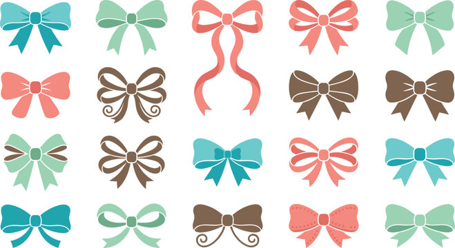 Ribbon bow vector icon collection featuring pastel colors and various knotted tie designs for gift wrapping hair accessory wedding invitations and birthday decoration elements
