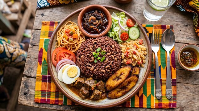 Traditional Ghanaian Waakye dish with rice and beans, authentic African cuisine platter with fried plantain and shito, rustic wooden table setting