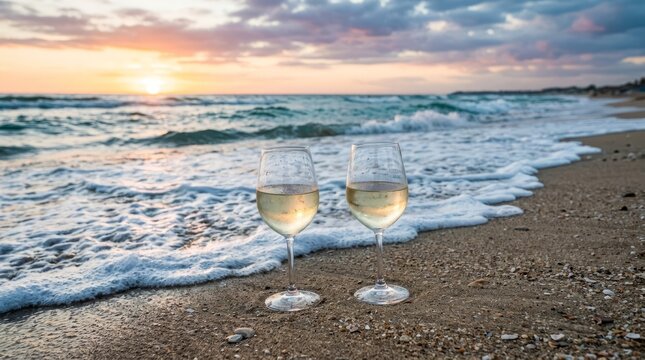 Two glasses of white wine on a sandy beach at sunset, with gentle waves lapping ashore.